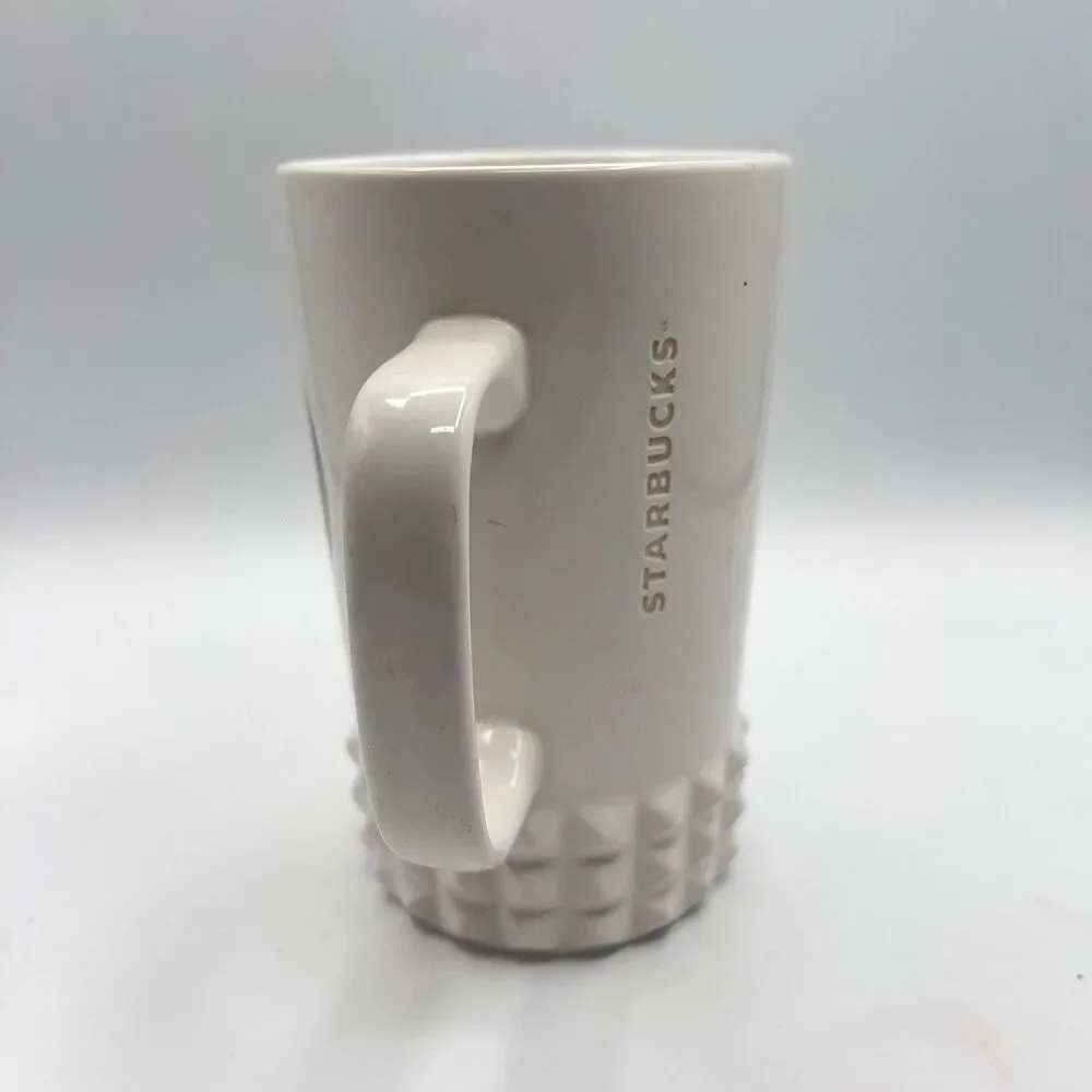 STARBUCKS COFFEE 2014 Tall White Mug Cup Mirror Label Hobnail Base 16 Oz - Picture 3 of 11